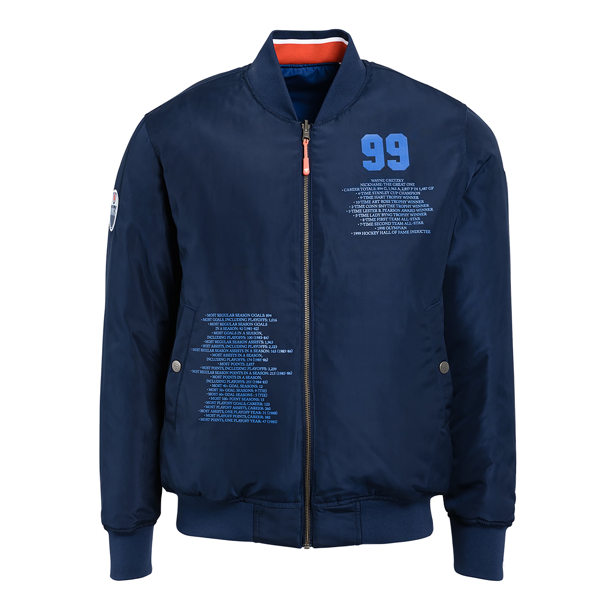 Veste bomber réversible zippée pour homme FE Wayne Gretzky Royal/Marine des Oilers d'Edmonton